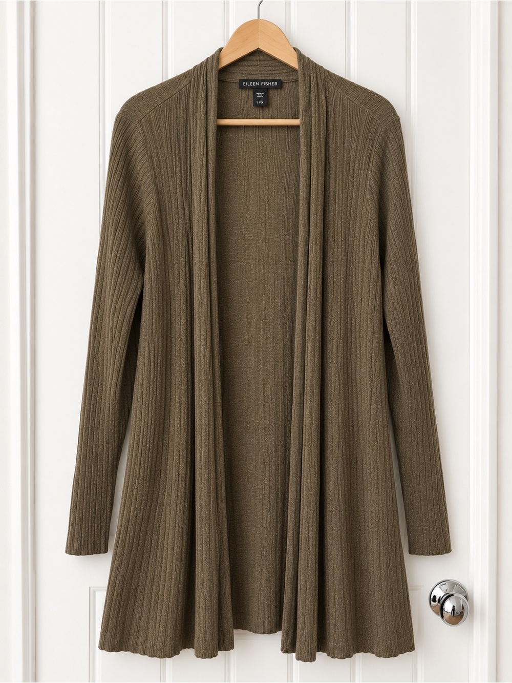 Eileen Fisher Olive Green Tencel Merino Wool Long Cardigan L